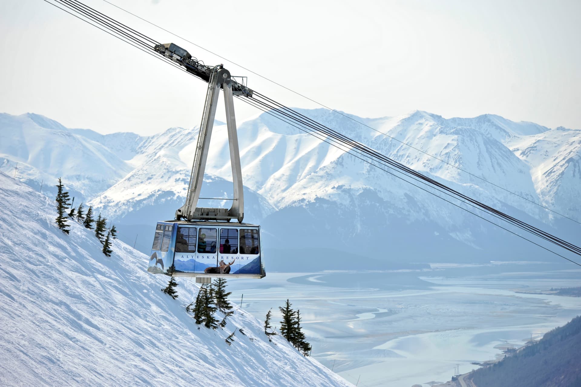 The Hotel Alyeska on a clear winter day with snow covered Chugach peaks behind it